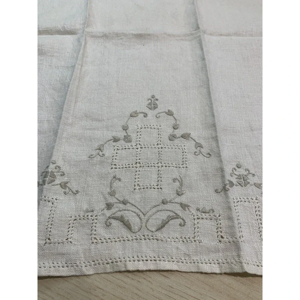 Beige Linen Elegent Embroidered Tea Towel, Dresser Scarf, Table Runner 13.5 x 20